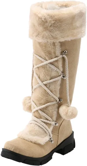 Snow Boots for Women Fur Boots for Women Knee High Retro Round Toe Suede Square Heel Warm Zipper Mid Calf Snow Boots