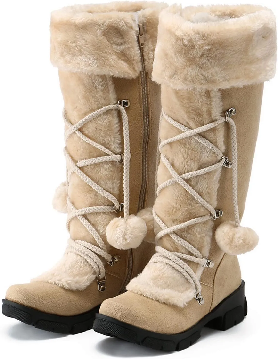 Snow Boots for Women Fur Boots for Women Knee High Retro Round Toe Suede Square Heel Warm Zipper Mid Calf Snow Boots