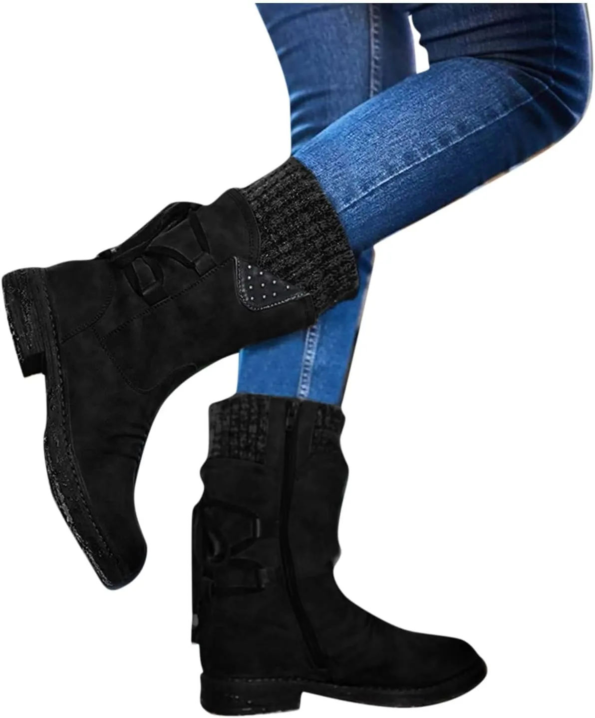 SnowBoots for Women Warm Stretch Knit Winter Shoes Lace Up Mid Calf Boots Slouchy Suede Boots Non Slip Hiking Boots