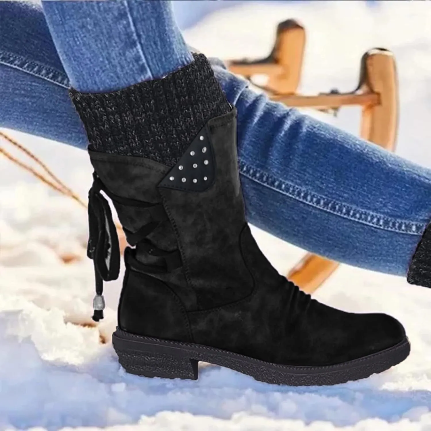 SnowBoots for Women Warm Stretch Knit Winter Shoes Lace Up Mid Calf Boots Slouchy Suede Boots Non Slip Hiking Boots