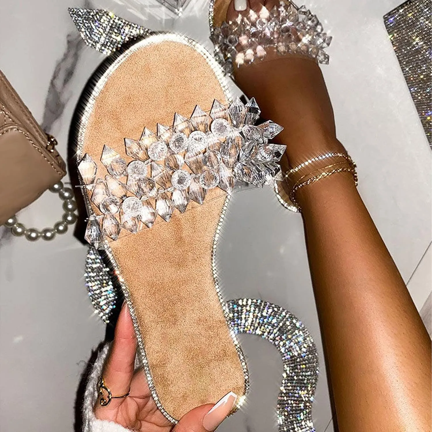 Studded Sandals for Women Flat Slippers Open Toe Comfy Beach Roman Shoes Flip Flop Clear Sandals