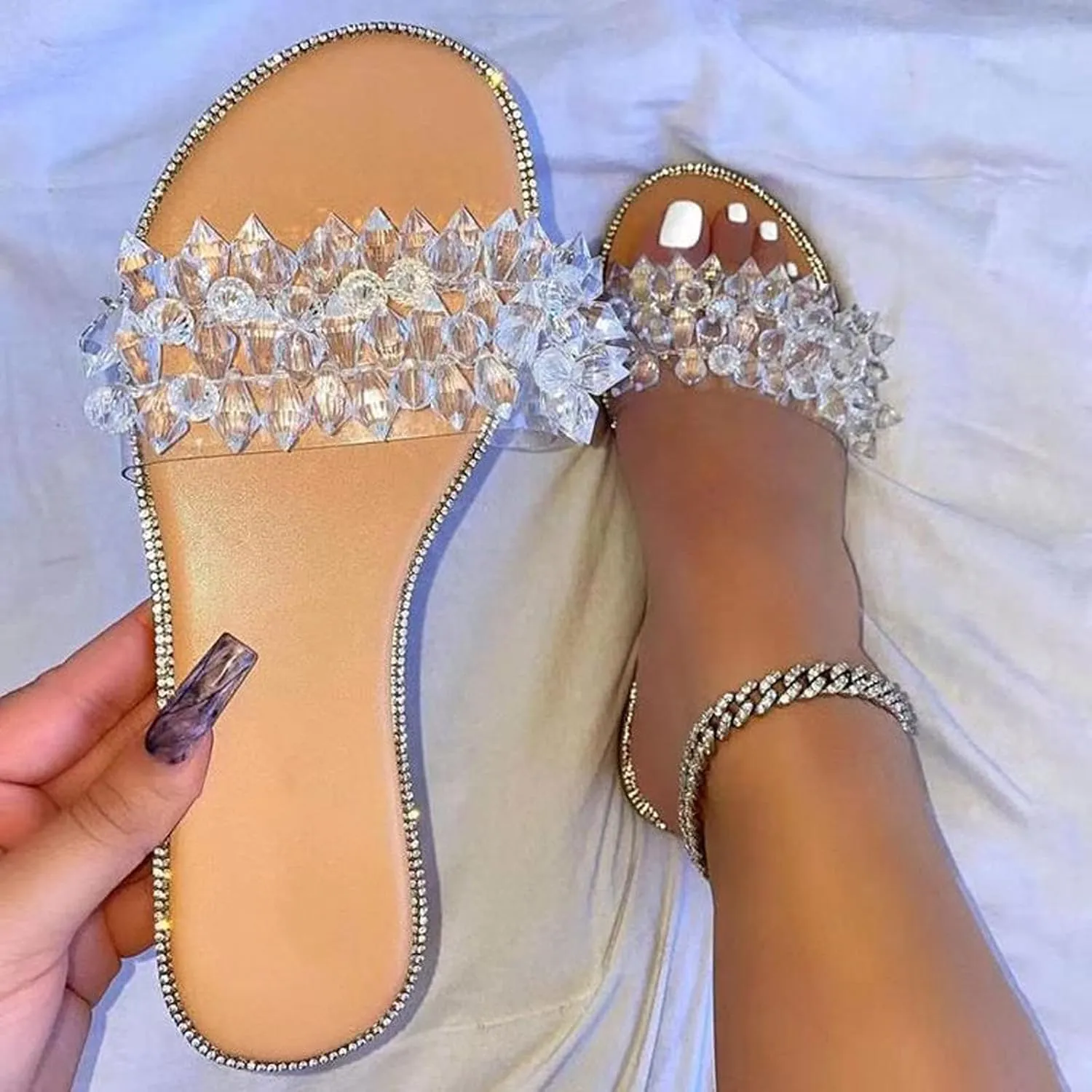 Studded Sandals for Women Flat Slippers Open Toe Comfy Beach Roman Shoes Flip Flop Clear Sandals