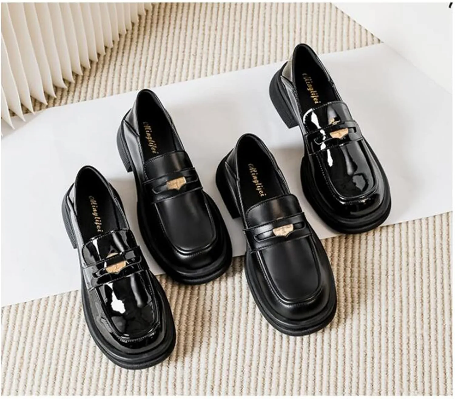 TNXZ Platform Black Loafers for Girl Slip-ons Square-Toe Chunky Peny Loafer Shoes Casual Fashion Work Dress Shoes