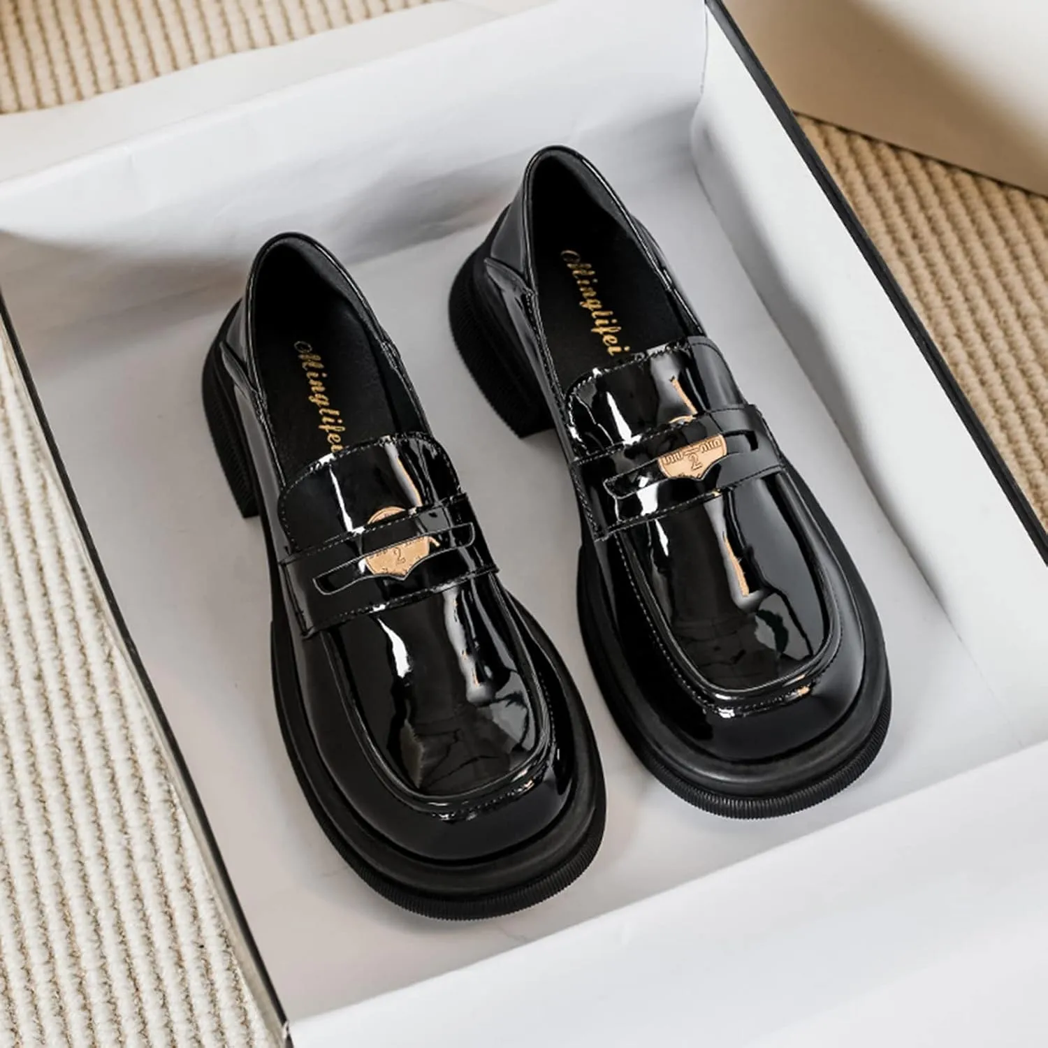 TNXZ Platform Black Loafers for Girl Slip-ons Square-Toe Chunky Peny Loafer Shoes Casual Fashion Work Dress Shoes