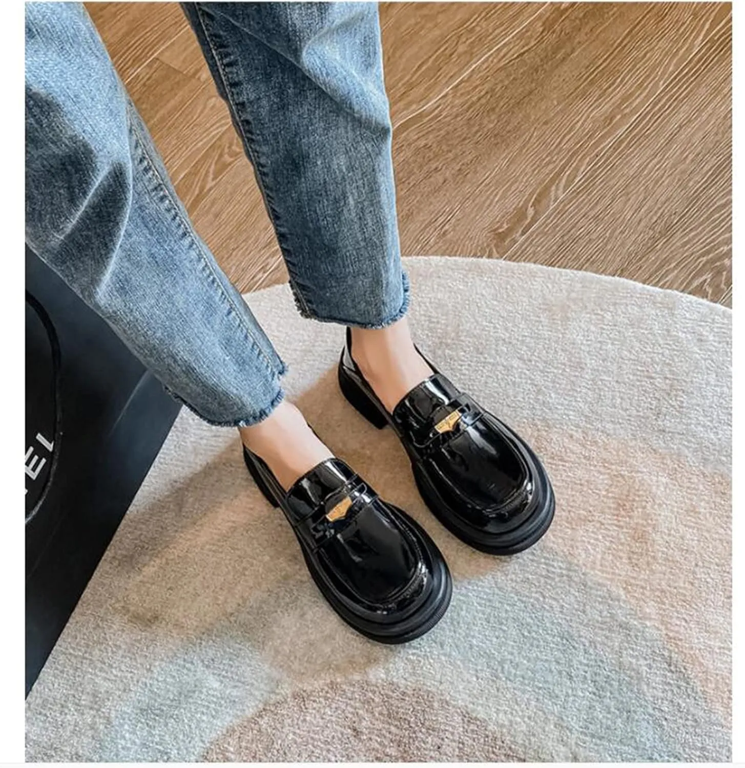 TNXZ Platform Black Loafers for Girl Slip-ons Square-Toe Chunky Peny Loafer Shoes Casual Fashion Work Dress Shoes