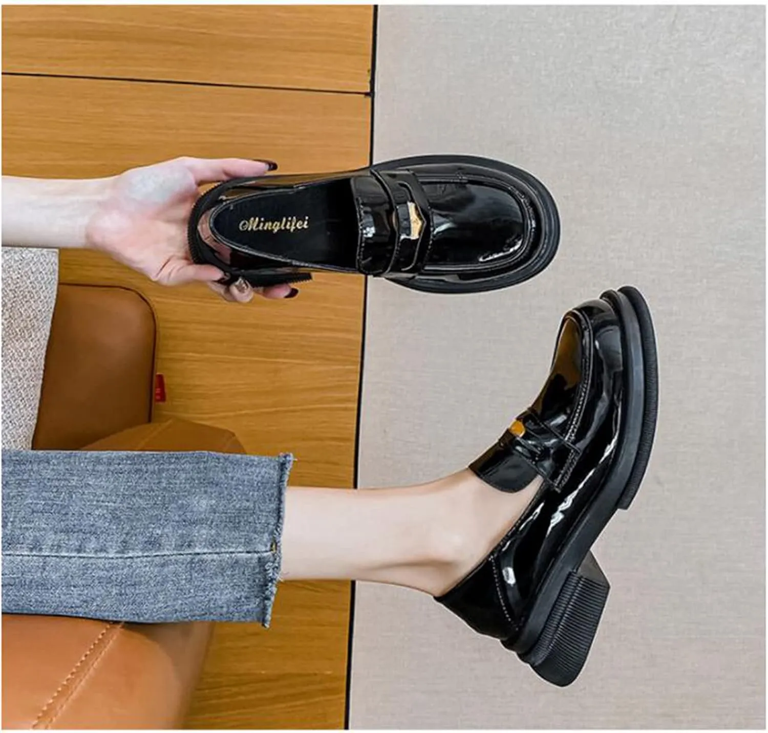 TNXZ Platform Black Loafers for Girl Slip-ons Square-Toe Chunky Peny Loafer Shoes Casual Fashion Work Dress Shoes