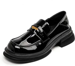 TNXZ Platform Black Loafers for Girl Slip-ons Square-Toe Chunky Peny Loafer Shoes Casual Fashion Work Dress Shoes