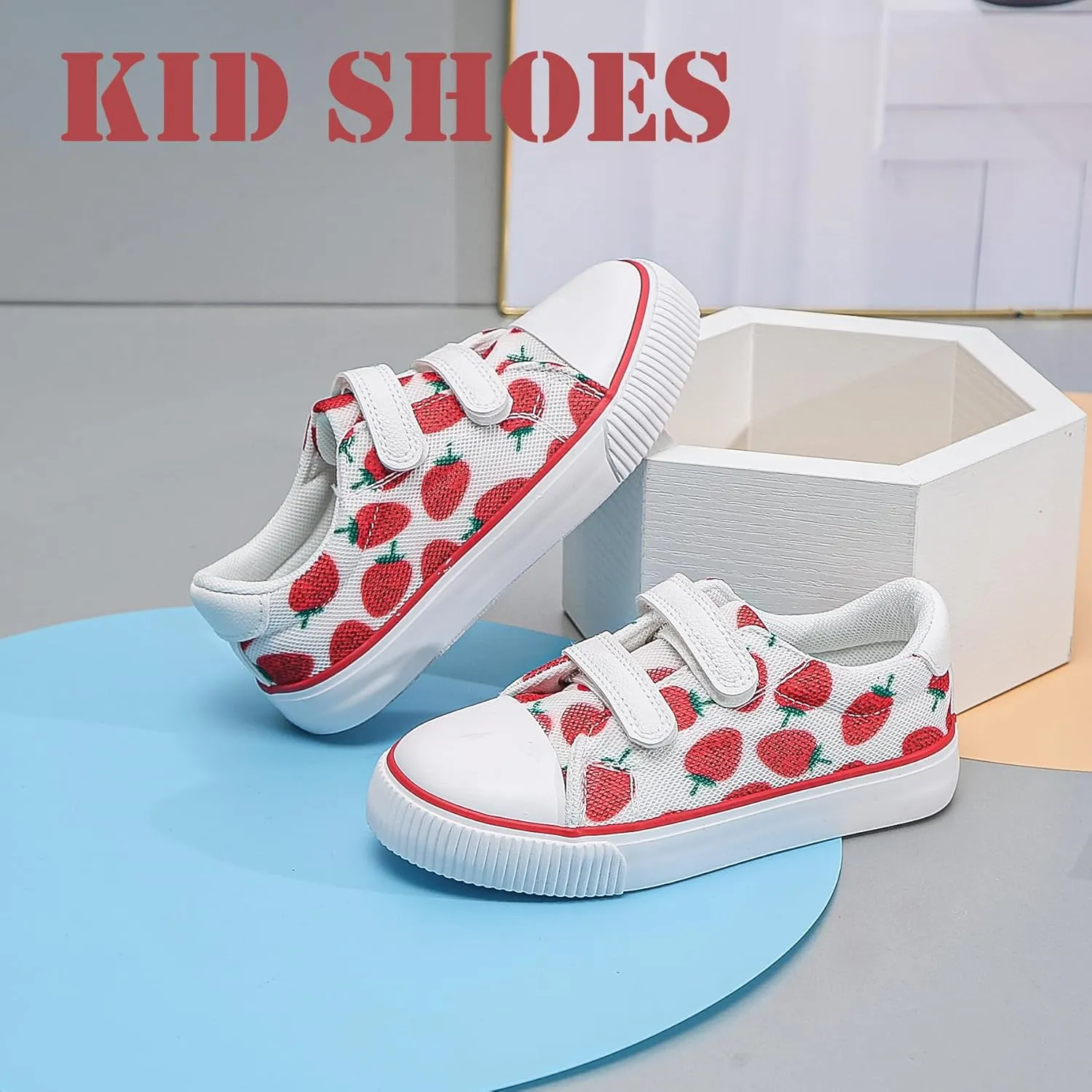Toddler Canvas Shoes Sneakers Girls Boys with Dual Hook and Loops Breathable Kids Canvas Shoes Strawberry Fruit