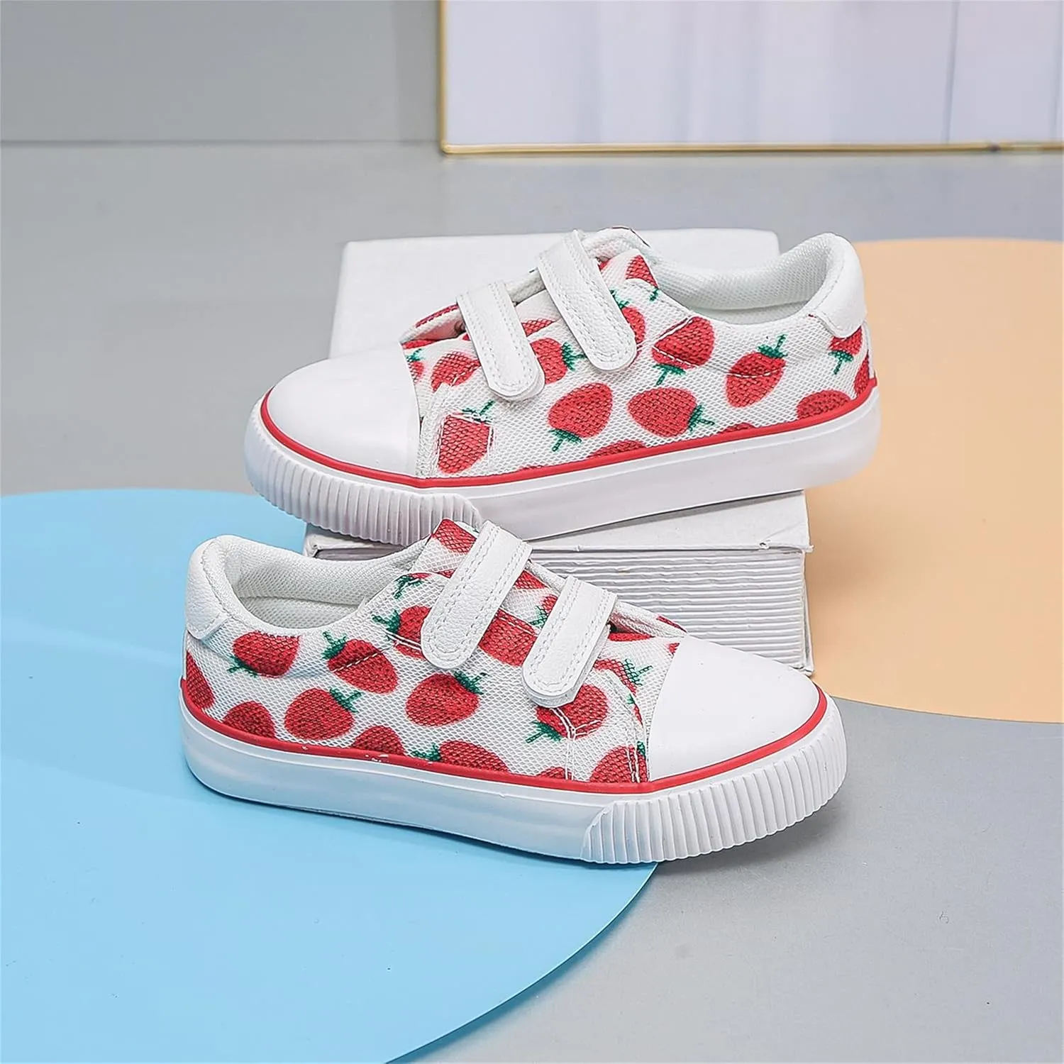 Toddler Canvas Shoes Sneakers Girls Boys with Dual Hook and Loops Breathable Kids Canvas Shoes Strawberry Fruit