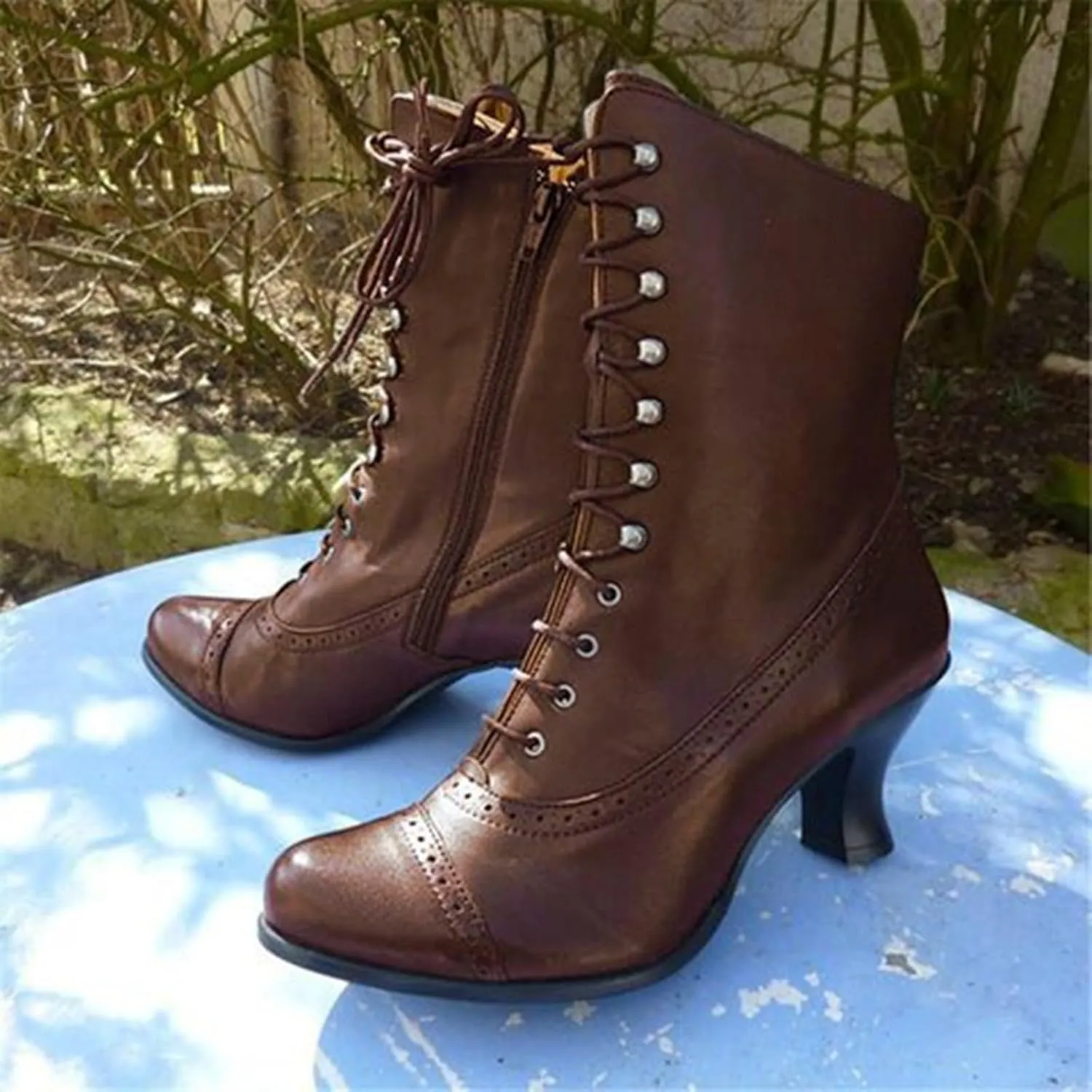 Victorian Boots for Women Vintage Boots 70s Lace up Ankle Boots Mid Heel Booties Heel Side Zippers Round Toe Costume Shoes