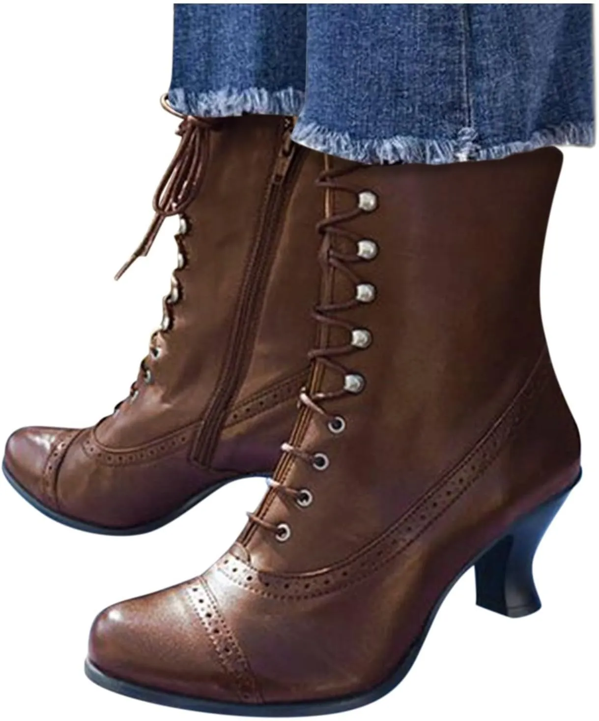 Victorian Boots for Women Vintage Boots 70s Lace up Ankle Boots Mid Heel Booties Heel Side Zippers Round Toe Costume Shoes