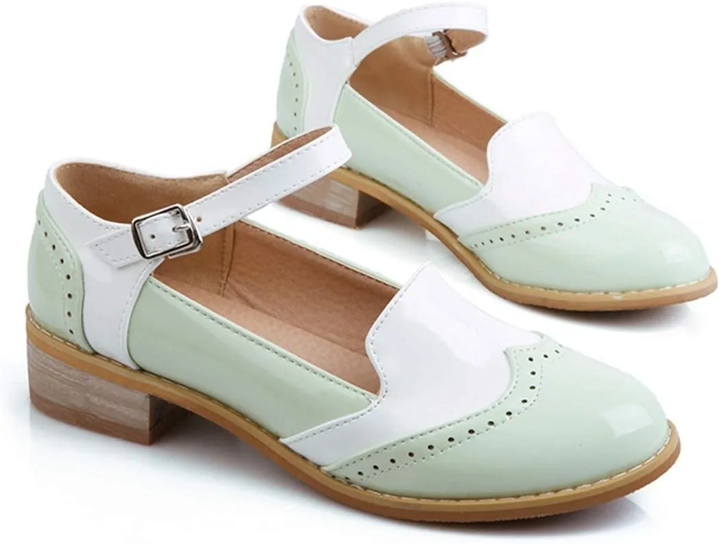 VOKLIN Women's Two Tone Flat Mary Jane Oxford Shoes Wingtip Buckle Low Heel Vintage Saddle Oxfords Brogues