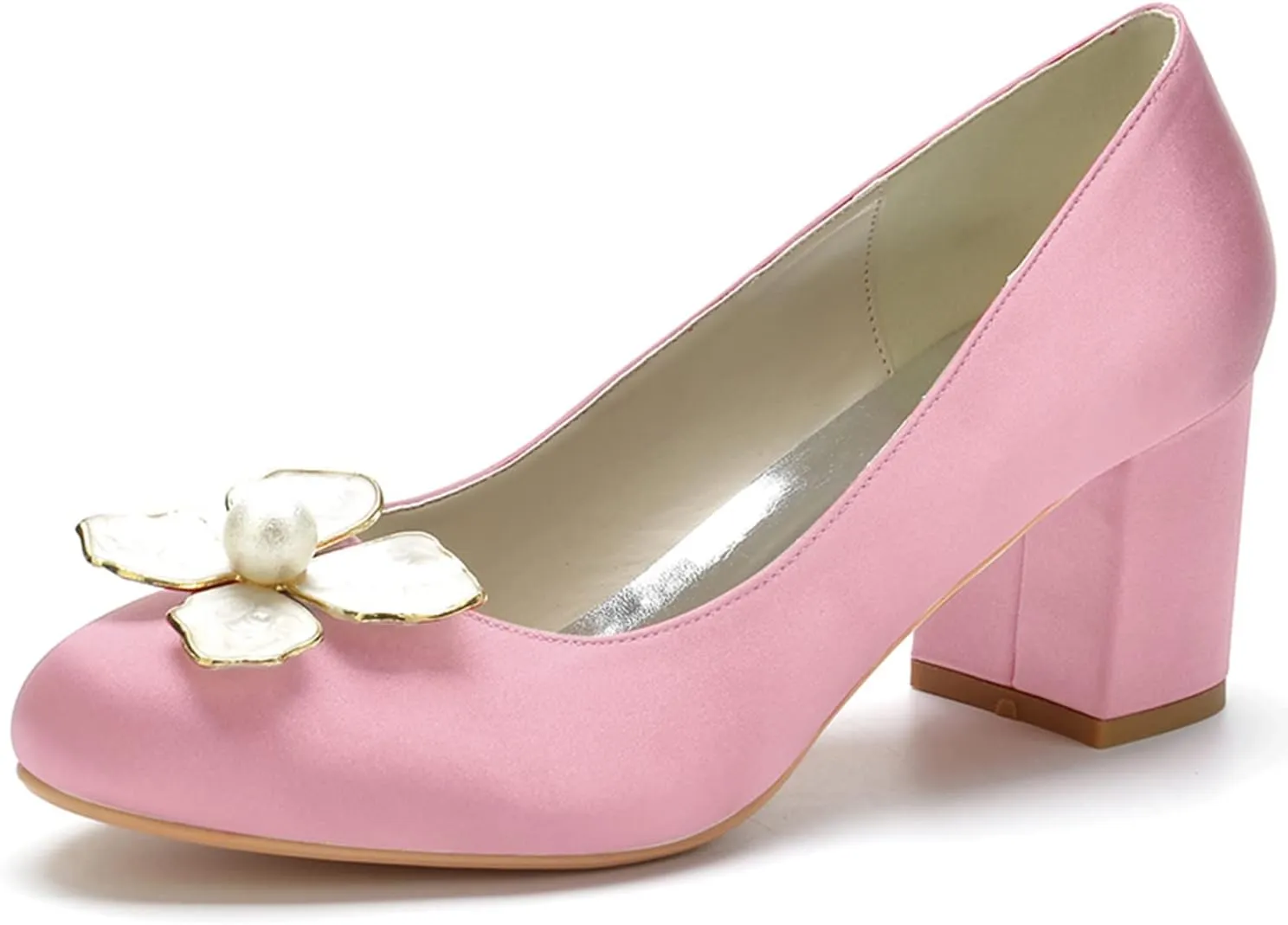 White Wedding Shoes Women's Closed Toe 2.36 Inches Chunky Heel Satin Pumps Pearl Bridal Shoes