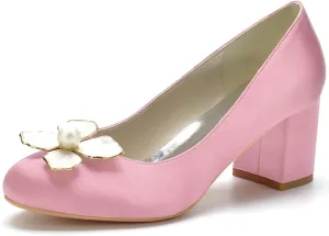 White Wedding Shoes Women's Closed Toe 2.36 Inches Chunky Heel Satin Pumps Pearl Bridal Shoes