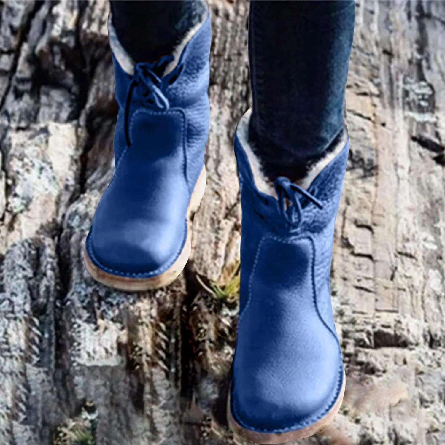 Winter Boots for Women Waterproof Leather Mid Calf Boots Warm Wool Lined Snow Shoes Flat Heel Lace Up Christmas Shoes
