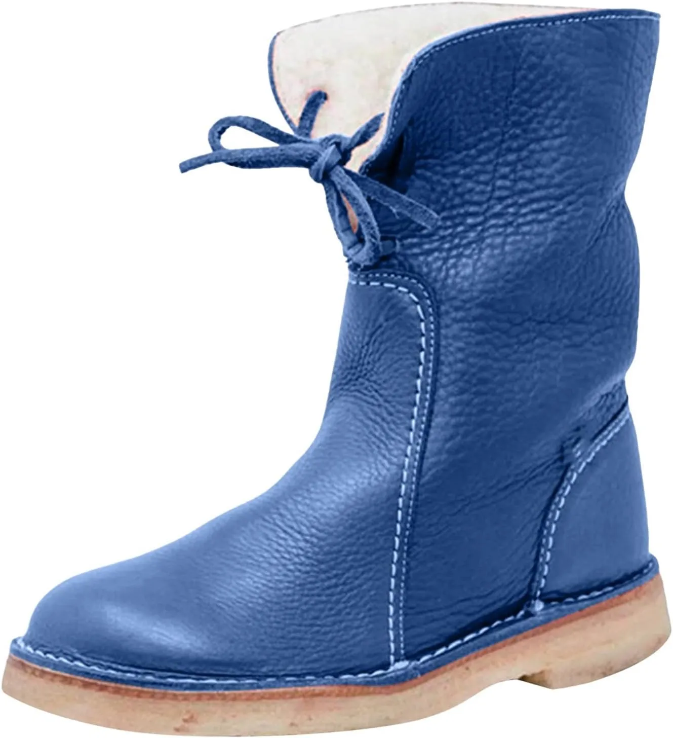 Winter Boots for Women Waterproof Leather Mid Calf Boots Warm Wool Lined Snow Shoes Flat Heel Lace Up Christmas Shoes