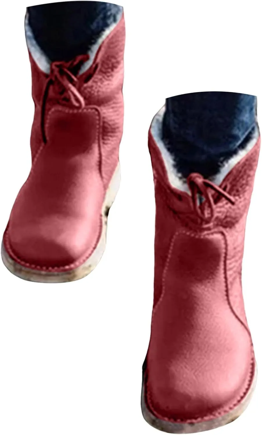 Winter Boots for Women Waterproof Leather Mid Calf Boots Warm Wool Lined Snow Shoes Flat Heel Lace Up Christmas Shoes