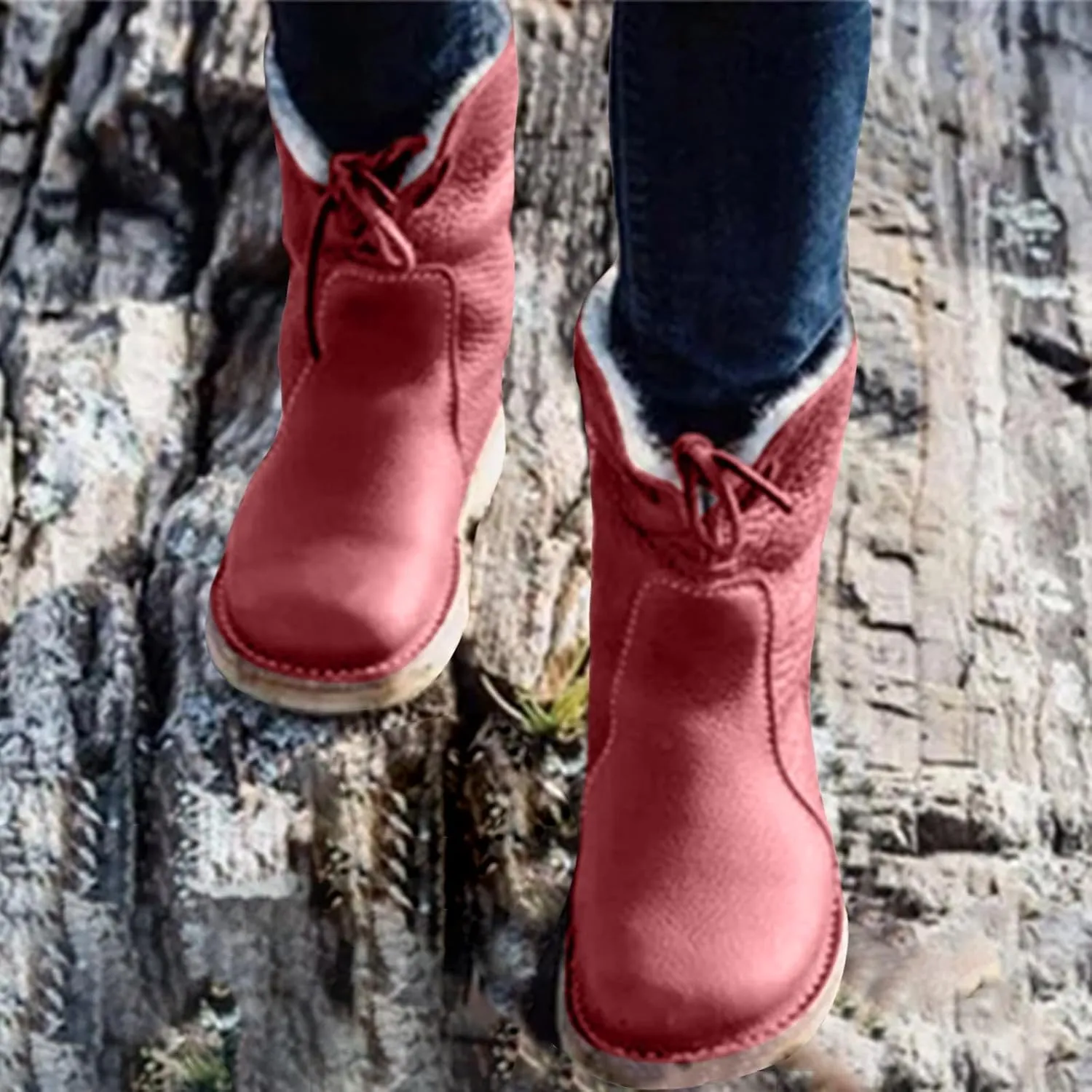 Winter Boots for Women Waterproof Leather Mid Calf Boots Warm Wool Lined Snow Shoes Flat Heel Lace Up Christmas Shoes