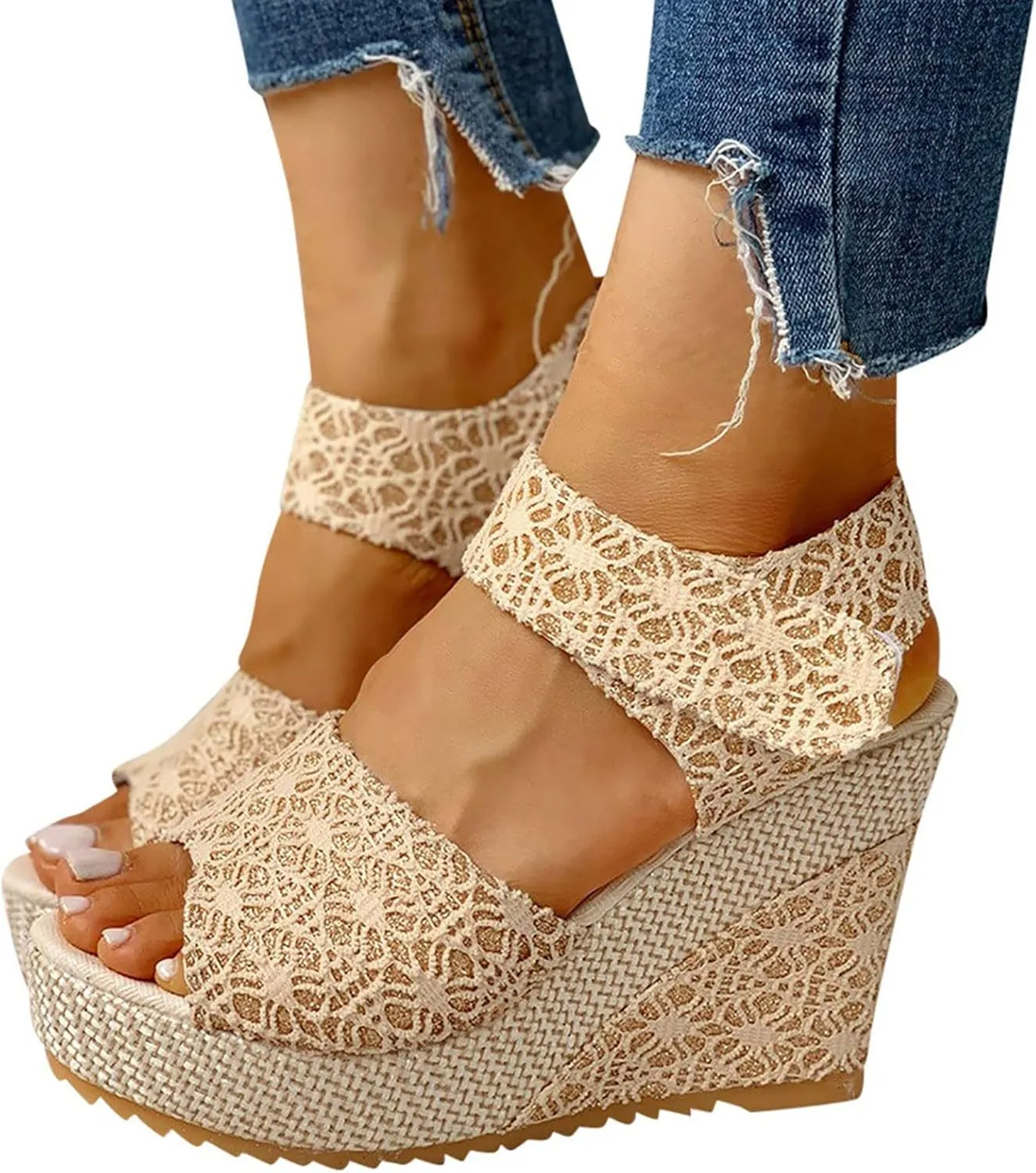 Women Espadrilles Wedges Sandals, Summer Open Toe with Tie Buckle Ankle Strap, Platform Wedge Heels, Floral Bowknot Comfy Dressy for Beach