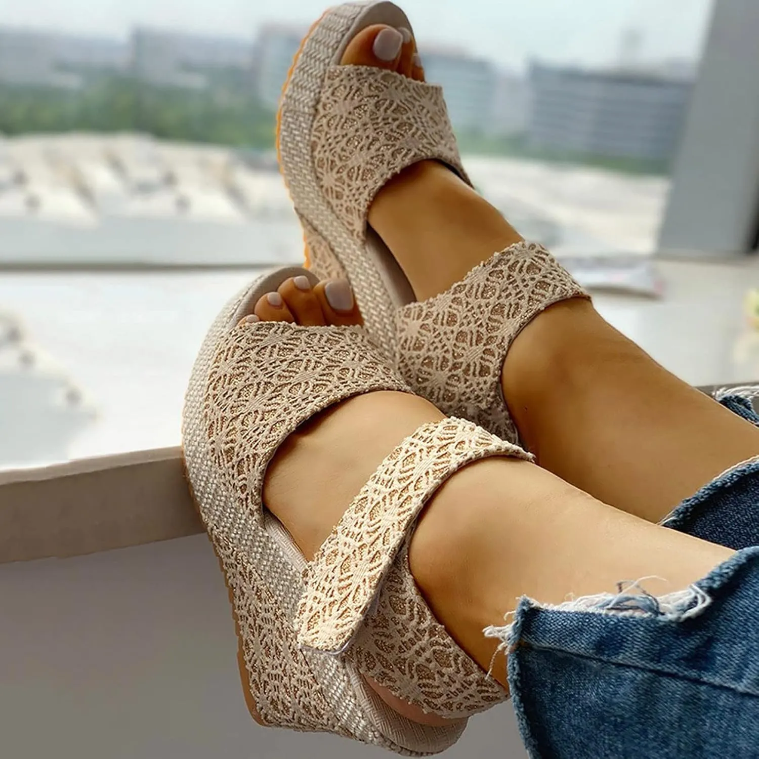 Women Espadrilles Wedges Sandals, Summer Open Toe with Tie Buckle Ankle Strap, Platform Wedge Heels, Floral Bowknot Comfy Dressy for Beach