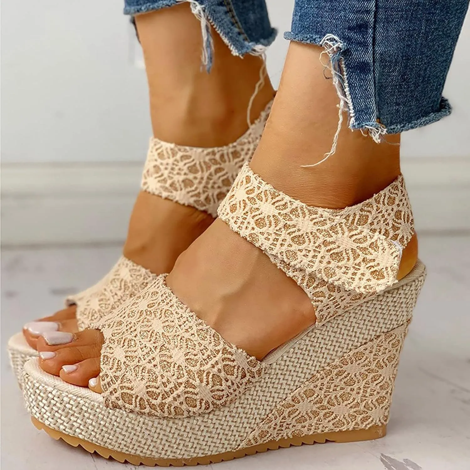 Women Espadrilles Wedges Sandals, Summer Open Toe with Tie Buckle Ankle Strap, Platform Wedge Heels, Floral Bowknot Comfy Dressy for Beach