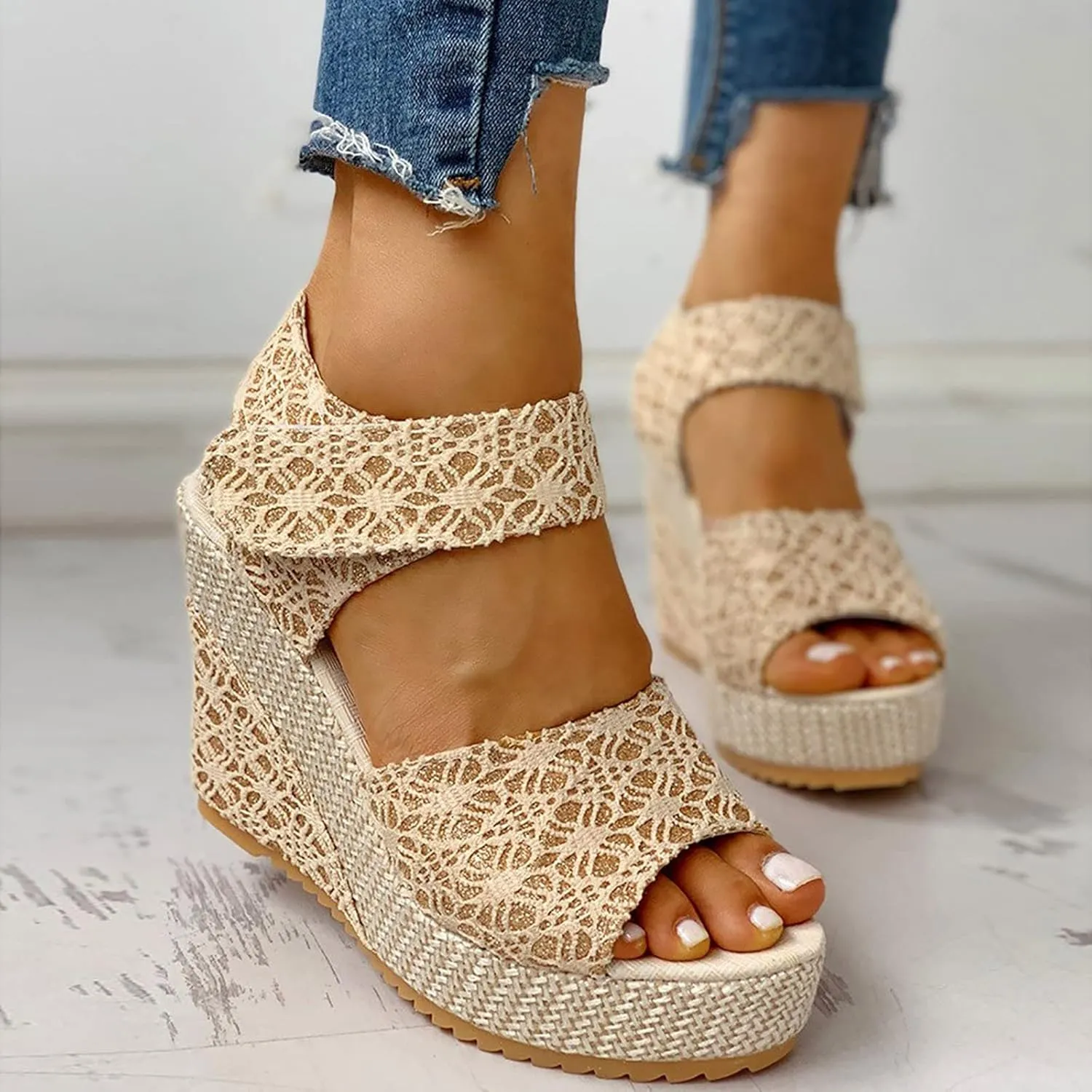 Women Espadrilles Wedges Sandals, Summer Open Toe with Tie Buckle Ankle Strap, Platform Wedge Heels, Floral Bowknot Comfy Dressy for Beach