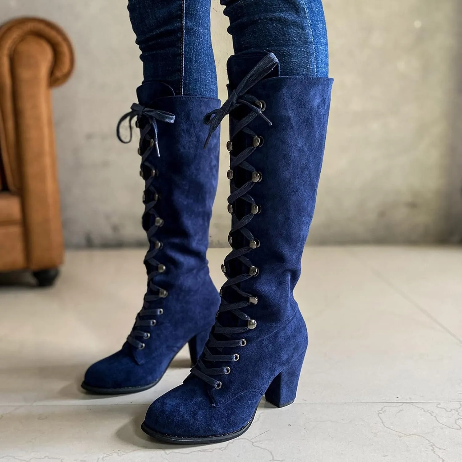 Women Knee High Chunky Heel Boots Casual Knee High Boots for Women Chunky Heel Lace up Pointed Toe Western Women Boot