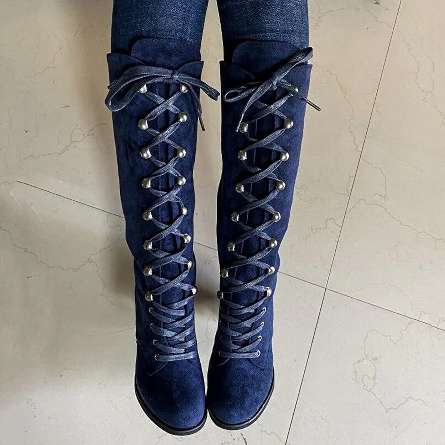 Women Knee High Chunky Heel Boots Casual Knee High Boots for Women Chunky Heel Lace up Pointed Toe Western Women Boot