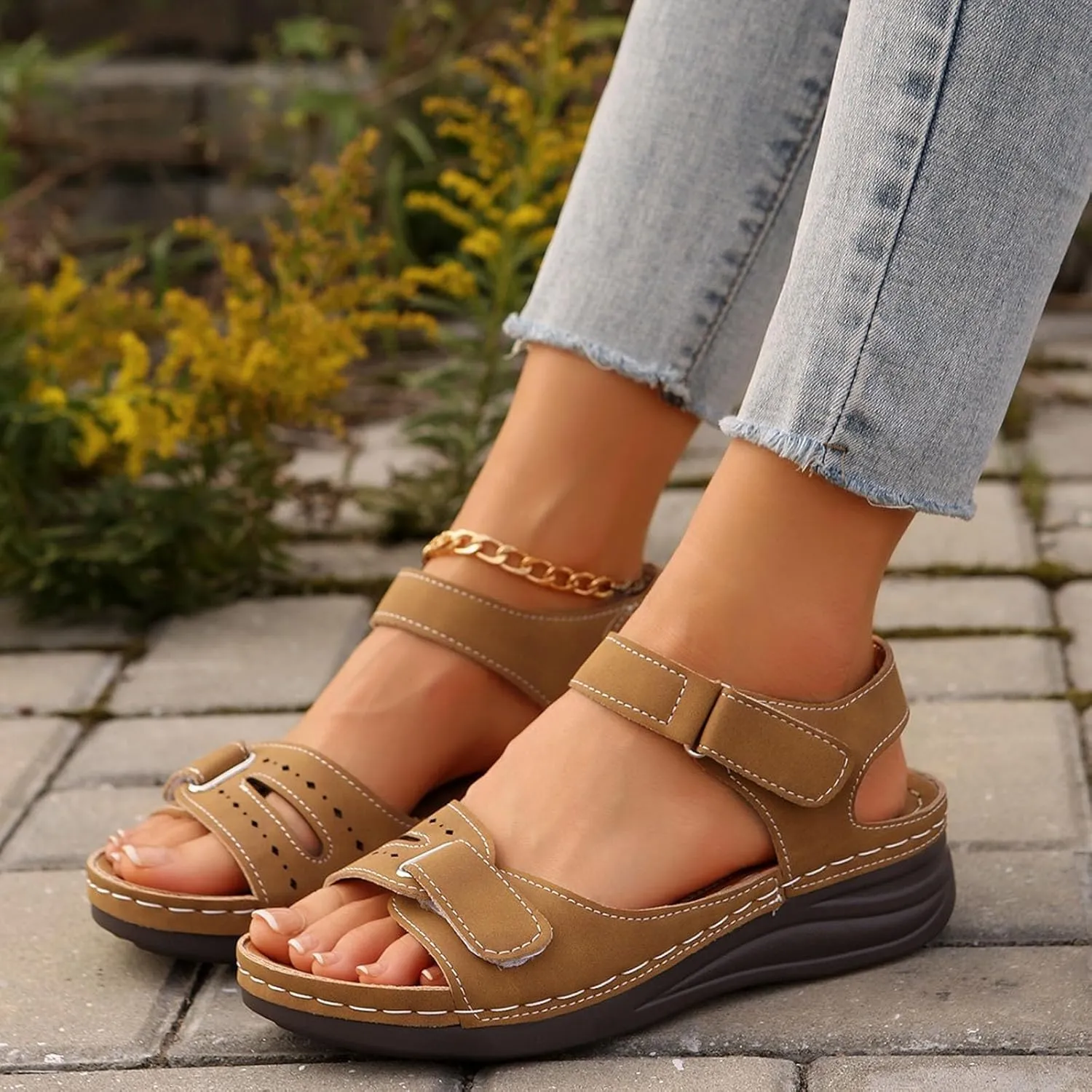 Women Orthopedic Sandals Dressy Summer Comfortable Walking Slides Sandals Fashion Open Toe Adjustable Ankle Strap Slip On Sandal Casual Slingback Shoes