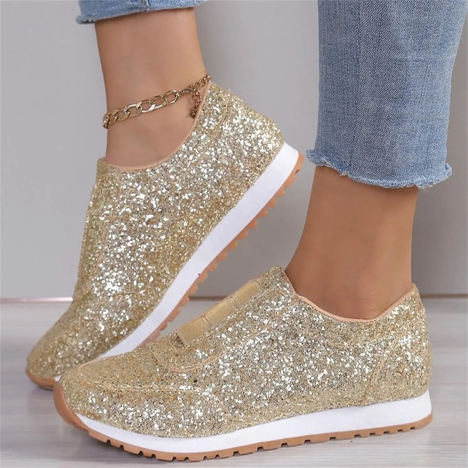 Women Sequins Sparkly Trainers Women Glitter Slip On Casual Comfortable Shoes Rhinestone Wedding Bridal Shiny Sneakers