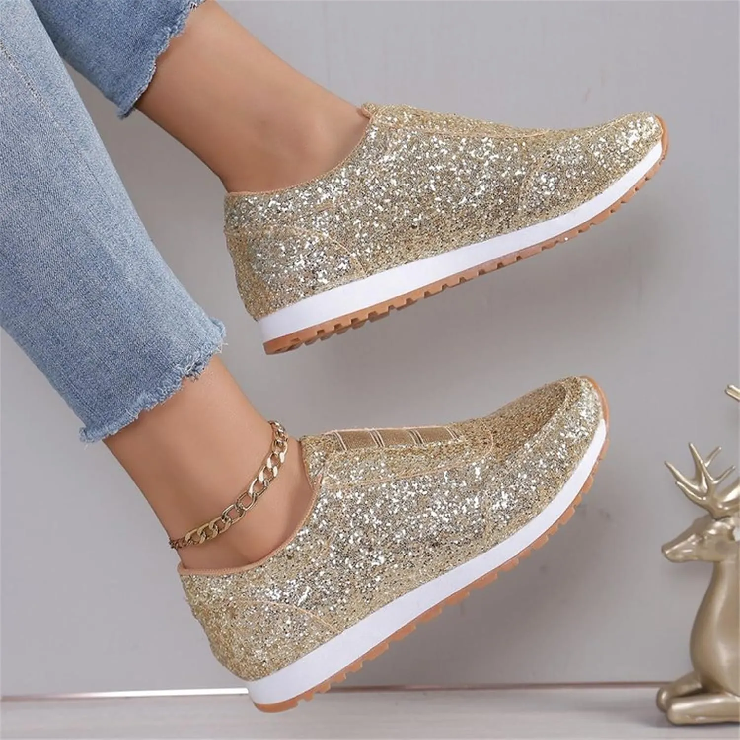 Women Sequins Sparkly Trainers Women Glitter Slip On Casual Comfortable Shoes Rhinestone Wedding Bridal Shiny Sneakers