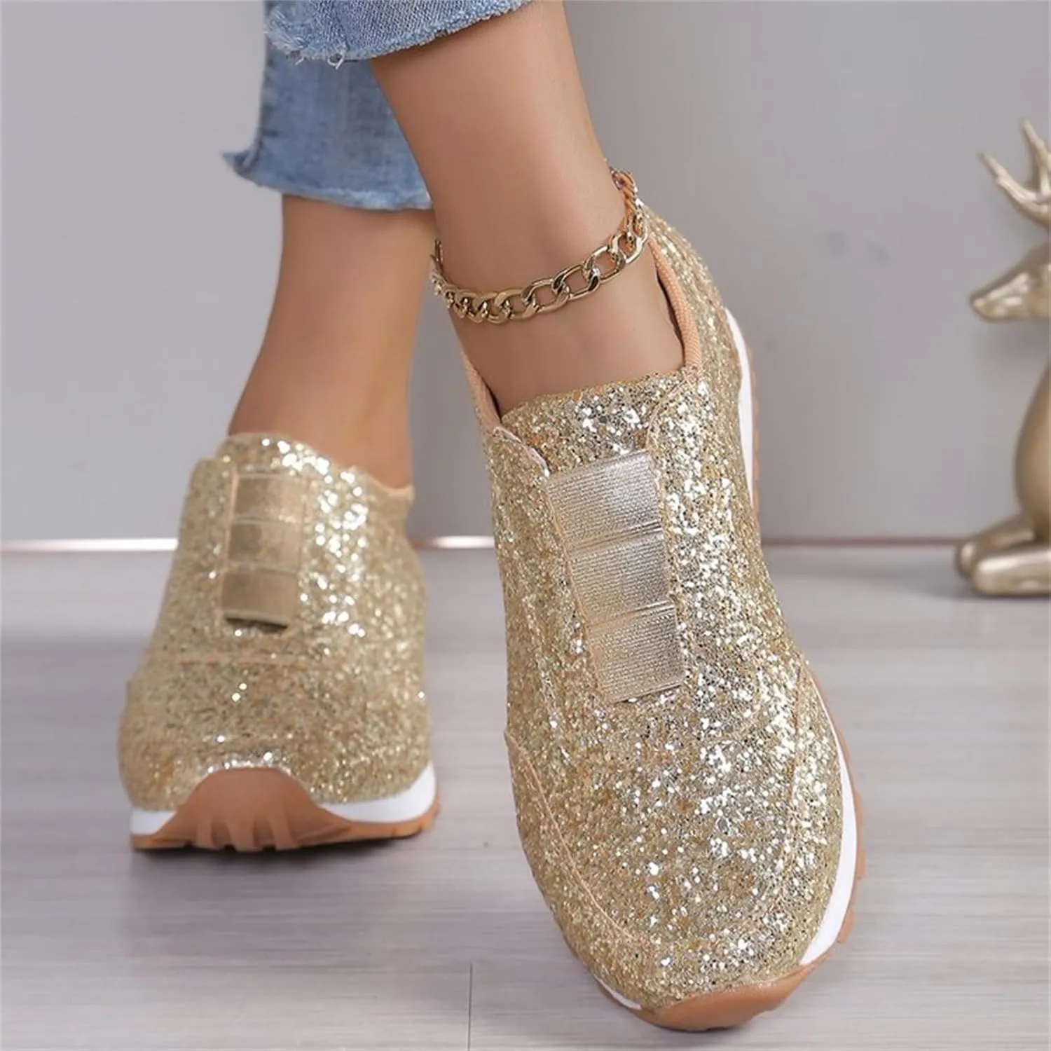 Women Sequins Sparkly Trainers Women Glitter Slip On Casual Comfortable Shoes Rhinestone Wedding Bridal Shiny Sneakers