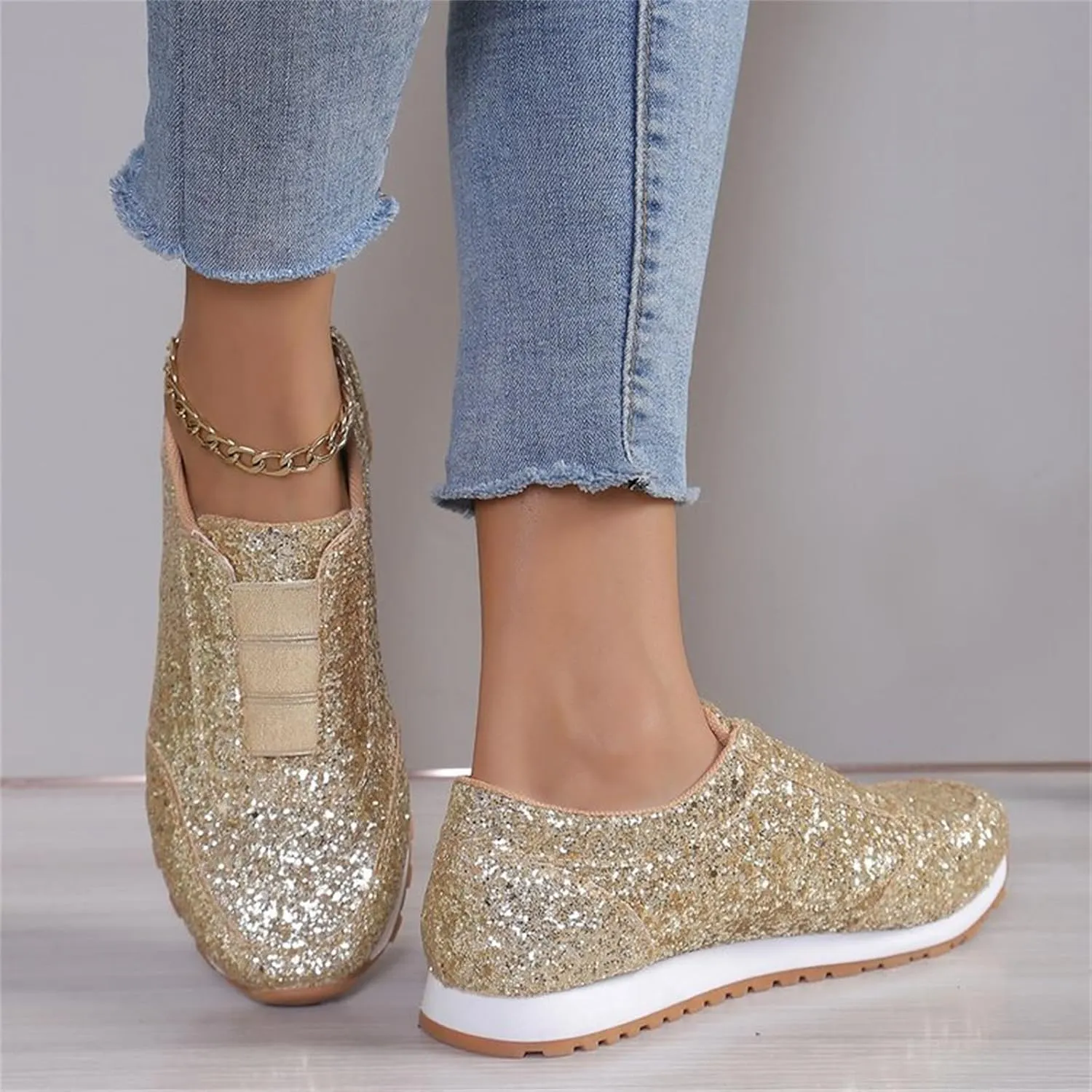 Women Sequins Sparkly Trainers Women Glitter Slip On Casual Comfortable Shoes Rhinestone Wedding Bridal Shiny Sneakers