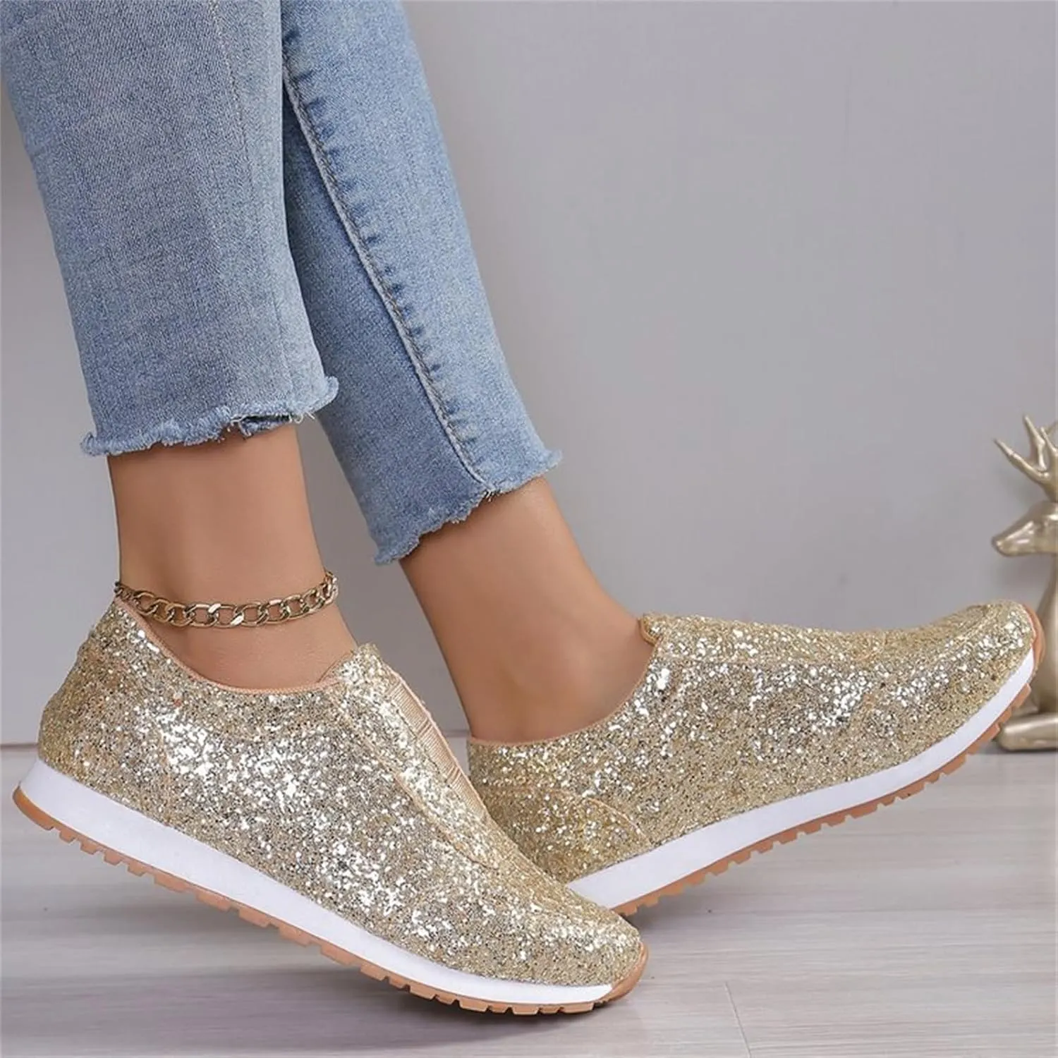 Women Sequins Sparkly Trainers Women Glitter Slip On Casual Comfortable Shoes Rhinestone Wedding Bridal Shiny Sneakers