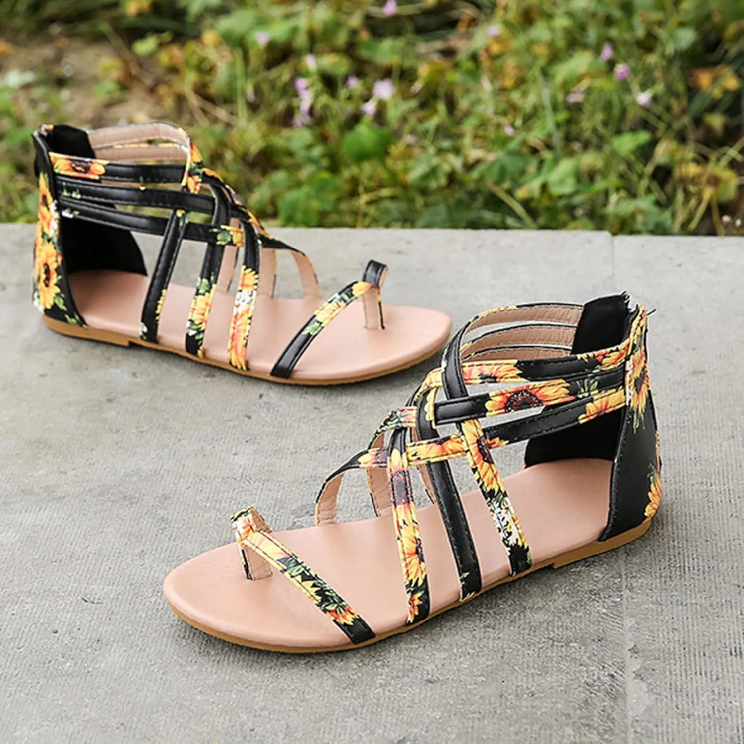 Women's Ankle Strap Flat Sandals Summer Dressy Strappy Gladiator Back Zipper Wide Width Open Toe Comfortable Flats Sandal Low Heel Lightweight Breathable Dress Travel Beach Shoes Walking Wedding Shoe