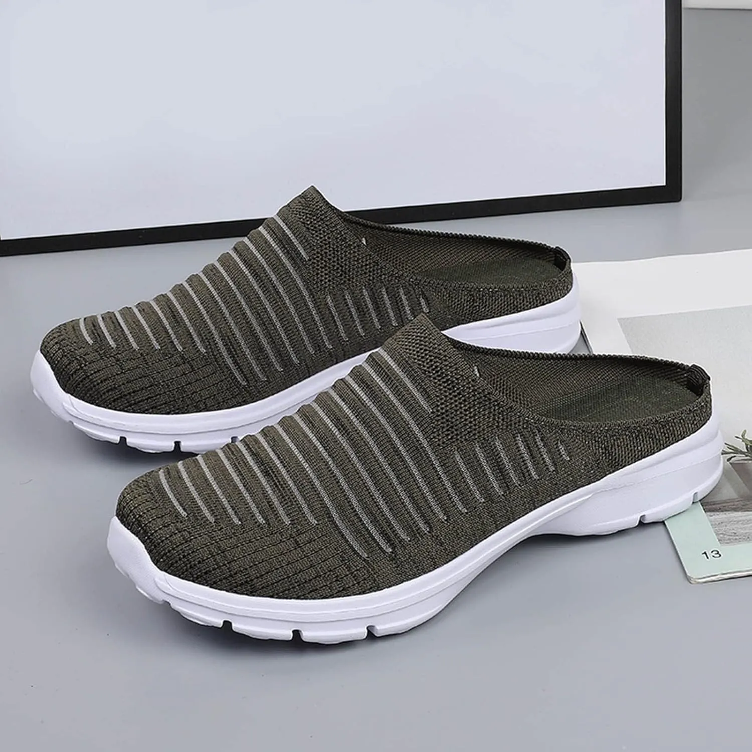 Womens Backless Sneakers Mesh Slip-on Mule Shoes Slip On Shoes Women Wide Width Shoes Casual Slip On Sneakers Brown Tennis Shoe Cross Trainer Shoe