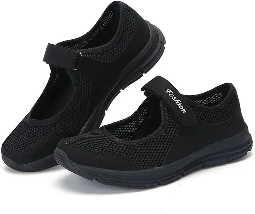 Womens Black Sneakers Breathable Tennis Shoes Mesh Fitness Shoes Platform Ankle Paste Fashion Lightweight Running Shoes Food Service Casual Gym Sports Slip-Ons