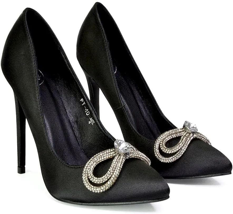 Womens Bow Court Shoes Ladies Slip On High Heel Stilettos Bridal Party Pointed Toe Size 3-8
