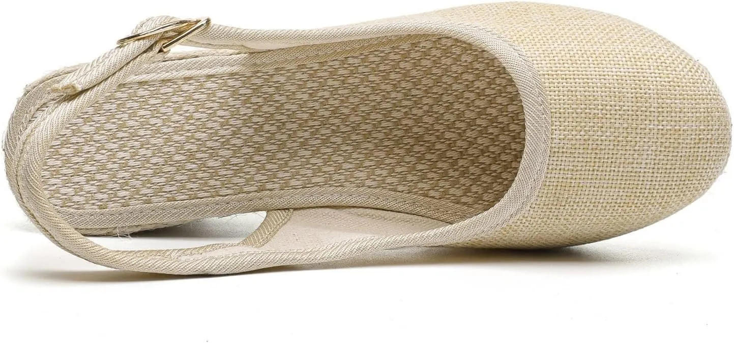Womens Closed Toe Espadrille Wedge Heels Sandals, 2025 Retro Casual Ankle Strap Platform Wedges Summer Canvas Wide Width Sandal Pumps Low Chunky Rounded Elegant Working Espadrilles Shoes