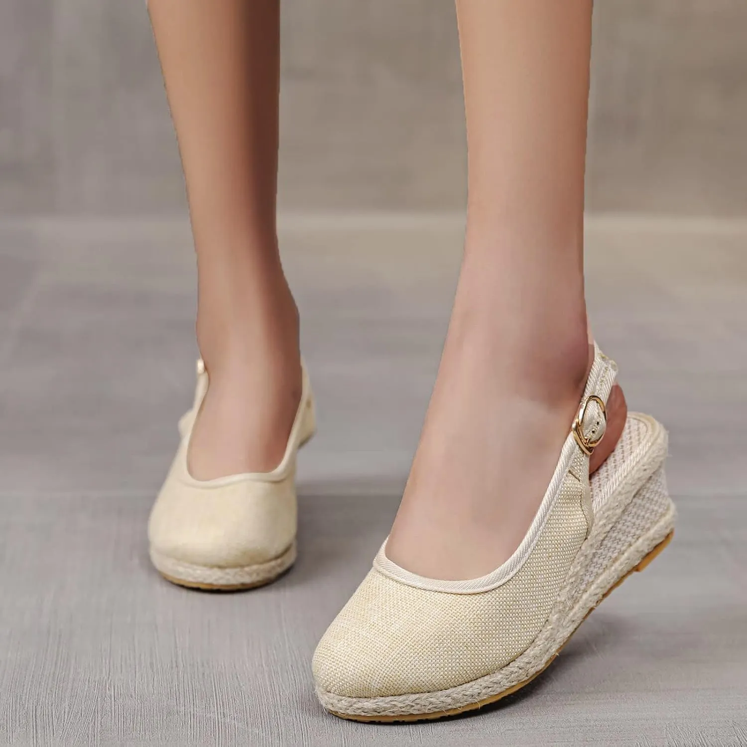 Womens Closed Toe Espadrille Wedge Heels Sandals, 2025 Retro Casual Ankle Strap Platform Wedges Summer Canvas Wide Width Sandal Pumps Low Chunky Rounded Elegant Working Espadrilles Shoes