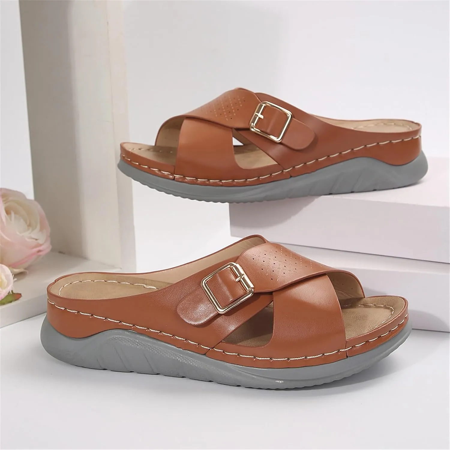 Womens Comfortable Open Toe Wedge Sandals Orthotic Walking Arch Support Slip on Summer Sandals Shoes