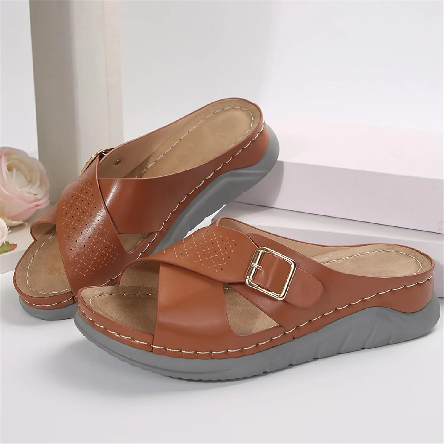 Womens Comfortable Open Toe Wedge Sandals Orthotic Walking Arch Support Slip on Summer Sandals Shoes