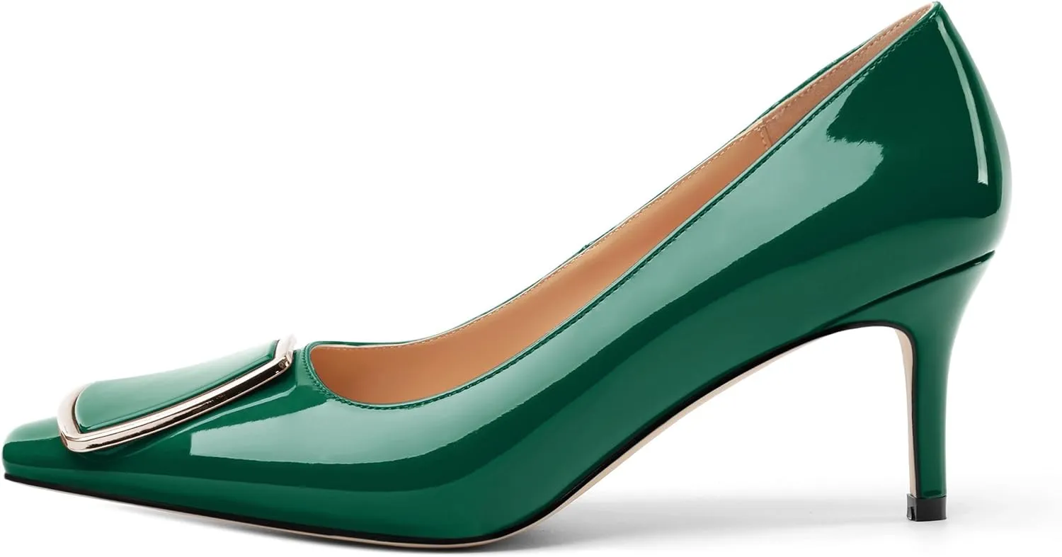 Womens Elegant Pumps, Pointed Toe Heels for Women, Kitten Heel Wedding Shoes, Slip on, Square Buckle, Solid Color, Sexy Stilettos for Ladies 2.5in