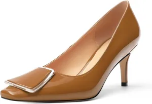 Womens Elegant Pumps, Pointed Toe Heels for Women, Kitten Heel Wedding Shoes, Slip on, Square Buckle, Solid Color, Sexy Stilettos for Ladies 2.5in