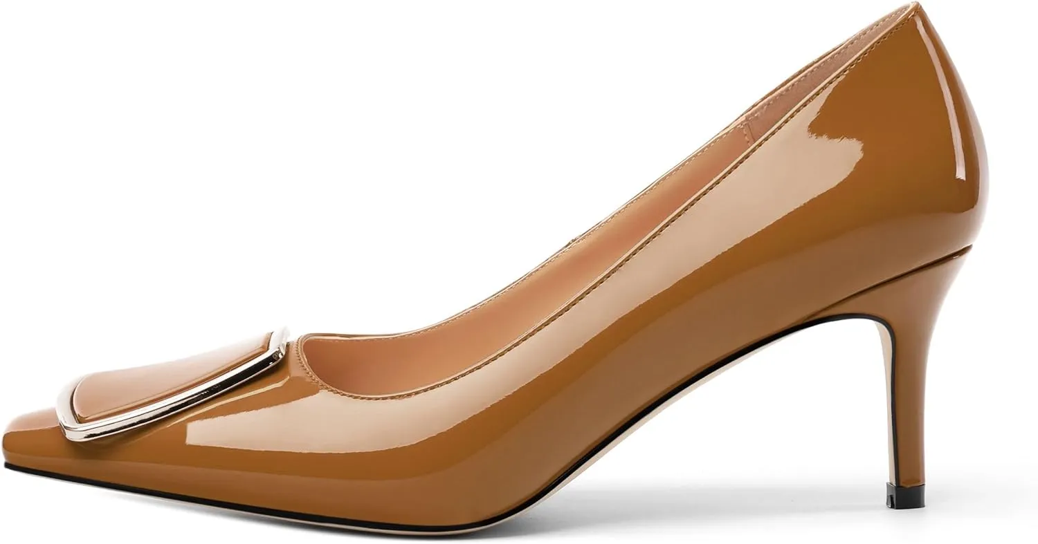 Womens Elegant Pumps, Pointed Toe Heels for Women, Kitten Heel Wedding Shoes, Slip on, Square Buckle, Solid Color, Sexy Stilettos for Ladies 2.5in