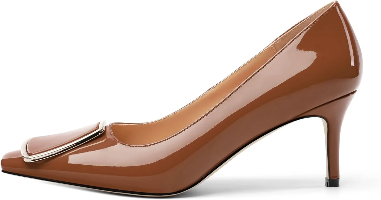 Womens Elegant Pumps, Pointed Toe Heels for Women, Kitten Heel Wedding Shoes, Slip on, Square Buckle, Solid Color, Sexy Stilettos for Ladies 2.5in