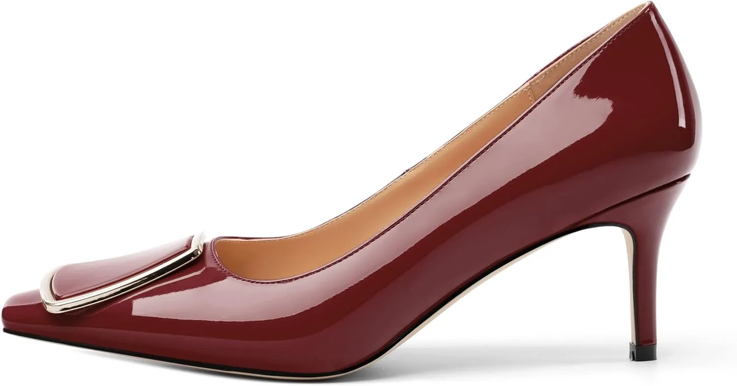 Womens Elegant Pumps, Pointed Toe Heels for Women, Kitten Heel Wedding Shoes, Slip on, Square Buckle, Solid Color, Sexy Stilettos for Ladies 2.5in
