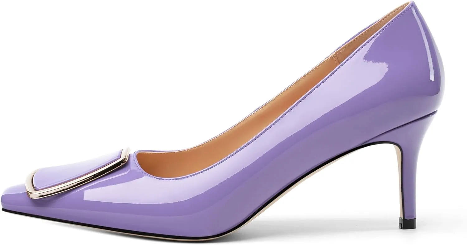 Womens Elegant Pumps, Pointed Toe Heels for Women, Kitten Heel Wedding Shoes, Slip on, Square Buckle, Solid Color, Sexy Stilettos for Ladies 2.5in