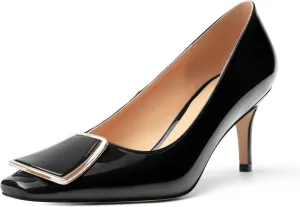 Womens Elegant Pumps, Pointed Toe Heels for Women, Kitten Heel Wedding Shoes, Slip on, Square Buckle, Solid Color, Sexy Stilettos for Ladies 2.5in