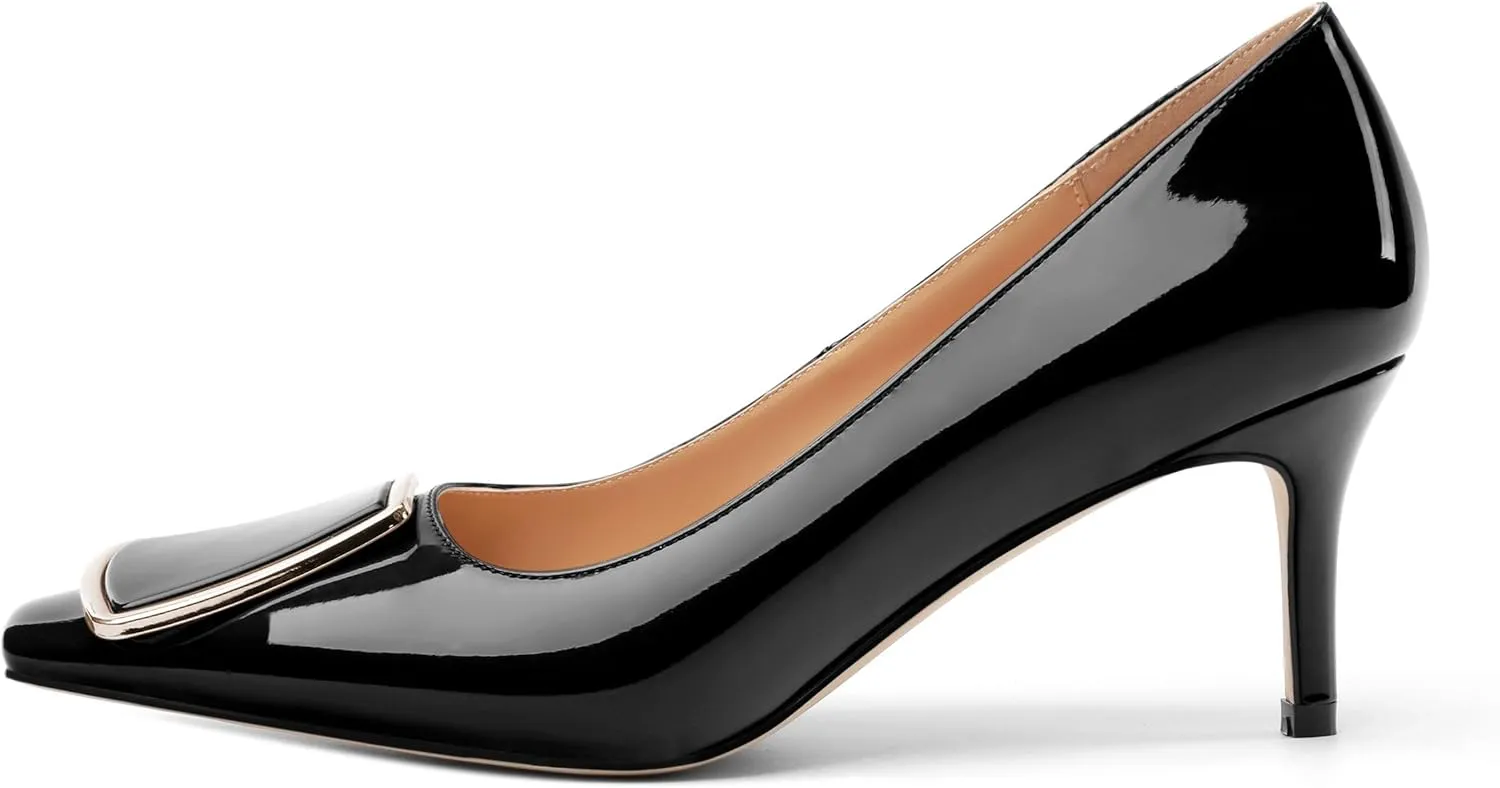 Womens Elegant Pumps, Pointed Toe Heels for Women, Kitten Heel Wedding Shoes, Slip on, Square Buckle, Solid Color, Sexy Stilettos for Ladies 2.5in